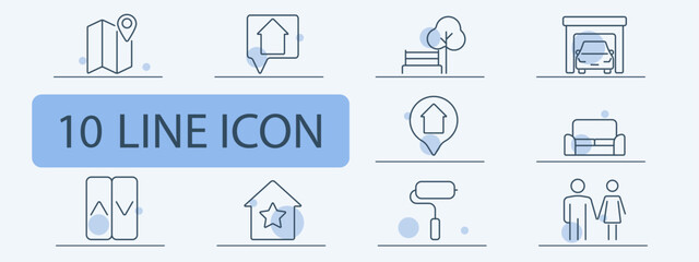 Home and real estate line icons set. Map with pin, house location, bench with tree, garage, sofa, elevator, star house, paint roller, couple. Property, housing, lifestyle concept