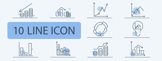 Business and finance line icons set. Bar graph, pie chart, coin stack, line chart, currency exchange, market analysis, financial growth, economic trends. Investment, economy, profit concept