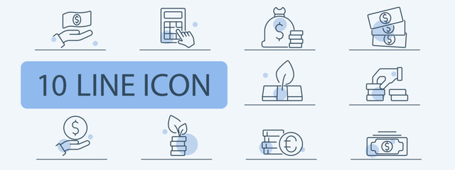 Financial management line icons set. Hand with money, calculator, savings bag, money stack, investment growth, euro coins, financial plan. Banking, savings, accounting concept