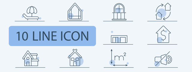 Real estate and property line icons set. Lounge chair, house, balcony, home exchange, property value, house measurements, quiet zone. Housing market, realty, home design concept