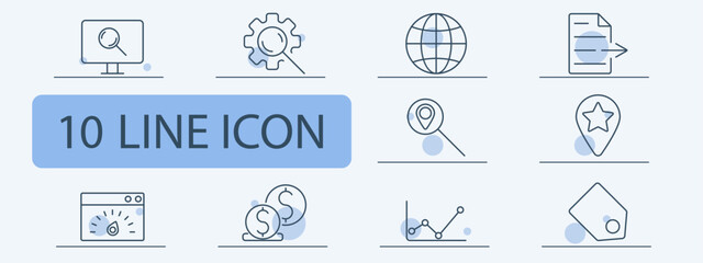 Search and optimization line icons set. Monitor search, gear search, search, document upload, location pin, star rating, graph analysis, money, price tag, analytics. SEO, research, online marketing