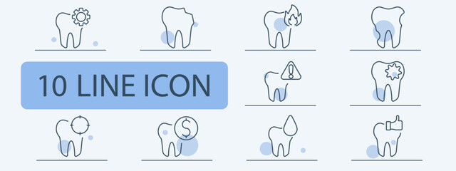 Dental care line icons set. Tooth with gear, tooth decay, toothache, dental checkup, tooth with dollar, water drop, tooth with caution, thumbs up. Dentistry, oral health, medical concept.
