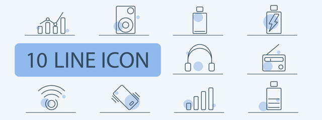 Home and real estate line icons set. Bar graph, speaker, power bank, headset, radio, WiFi, mobile phone, signal strength, bottle. Household, property, living concept