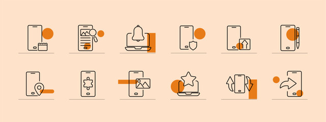 Mobile and digital devices line icons set. Smartphone, laptop, tablet, microphone, play button, wallet. Technology, digital communication concept