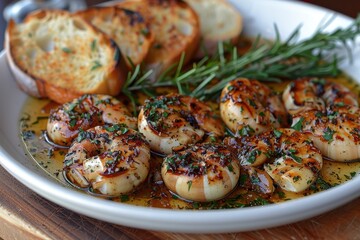 A plate of escargot, served in a garlic butter sauce with fresh herbs and a side of toasted baguette slices. 