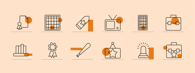 Award and achievement line icons set. Certificate, calendar, tag, TV, briefcase, bar chart, medal, trophy, badge, star, alarm, suitcase. Recognition, success, accomplishment concept