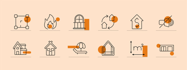 Rent set icon. Map pin, house icon, park bench, garage, sofa, elevator, house star, paint roller, people, information, rent sign. Property rental, housing, furniture, amenities, location concept.