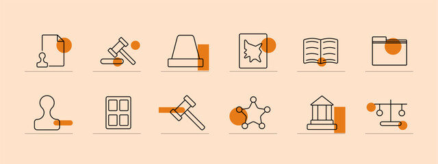 Court set icon. Gavel, badge, siren, document stamp, law book, sheriff star, person silhouette, courthouse, scales, folder. Legal system, justice, court proceedings, law enforcement, judiciary