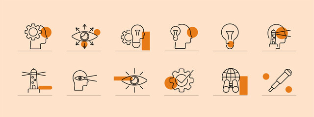 Vision set icon. Eye, gear, brain, lightbulb, lighthouse, binoculars, telescope, innovation, idea, foresight, focus, global vision. Insight, intelligence, perception, creativity, planning concept.