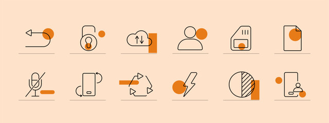 Application set icon. Mobile warning, keypad, play button, coins, settings, wallet, touch, calculator, video call, laptop, globe, microphone. Digital interface and utility concept.