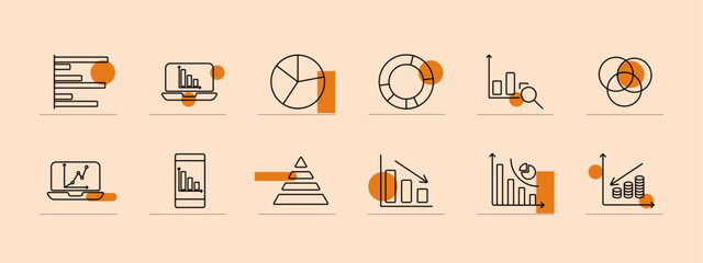 Chart set icon. Bar chart, coins, house graph, line graph, idea bulb, circle chart. Financial growth, decline, statistics, investment, analysis, economic trends concept.