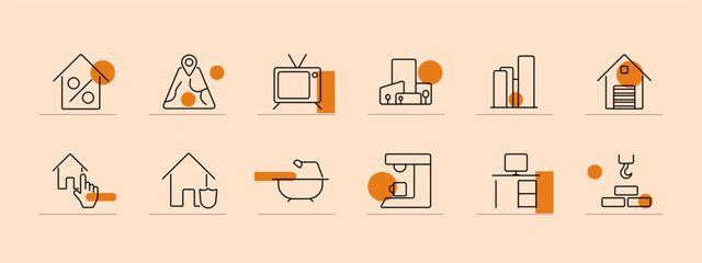 Rent set icon. House with percentage, bathtub, coffee machine, TV, building, map, house with hand, house with shield, office desk, crane, warehouse. Property rental, leasing, housing market, amenities