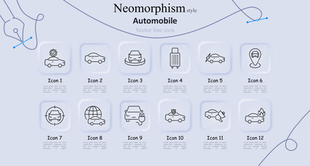 Automobile neomorphism style line icons set. Certified, profile, car on stage, luggage, electric car, map pin, target, global, plug-in car, police, fire. Vehicle categories