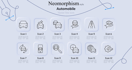 Automobile neomorphism style line icons set. Car, sparkling clean car, multiple cars, location, hand holding car, compass, rotation, search, steering wheel, clock, global, gear. Automotive services