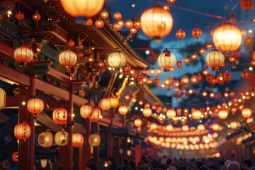 Festive Red Lanterns Illuminate A Japanese Street At Twilight
