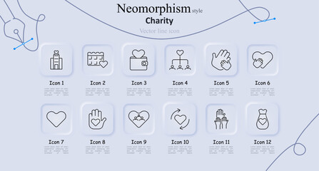 Charity set icon. Donation box, building, wallet, family tree, hands, heart, love, helping hands, community, exchange, helping hand. Nonprofit, support, and compassion concept