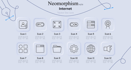 Internet set icon. User profile, toggle off, expand, toggle on, server, signal tower, apps, browser, folder, settings, globe, mute. Web, network, and connectivity concept
