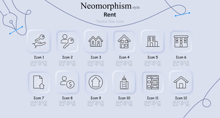 Rent set icon. Hand with key, key with person, house, apartment building, document with house, money, skyscraper, condo, high rise. Real estate, property management, and rental