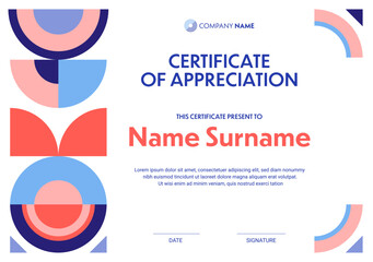 Abstract geometric appreciation certificate template, retro background of minimal graphic pattern. Vector business certificate, diploma or achievement award horizontal layout with geometric border