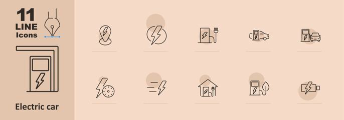 Electric car set icon. Charging station, lightning bolt, electric plug, electric car, speedometer, eco house, battery, charging cable. Electric vehicle and renewable energy