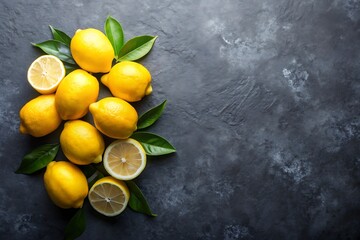 Fresh Lemons with Green Leaves on a Gray Background.