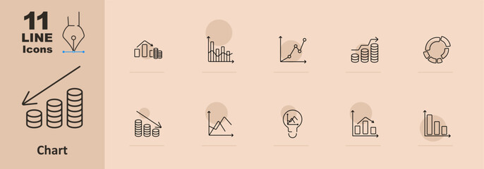 Chart set icon. Bar chart, line, pie, stacked coins, decrease graph, increase graph, statistical chart, Venn diagram, financial, pyramid. Data analysis and statistics
