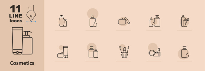 Cosmetics set icon. Lotion bottle, shampoo, serum, cream jar, nail polish, lip balm, makeup brush, dropper, cosmetic containers, tube, spray bottle. Beauty and personal care