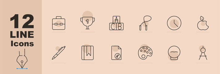 Education and learning set icon. Briefcase, trophy, ABC blocks, jump rope, apple, clock, pen, book, grade sheet, paint palette, light bulb, compass. Vector line icon on beige background.