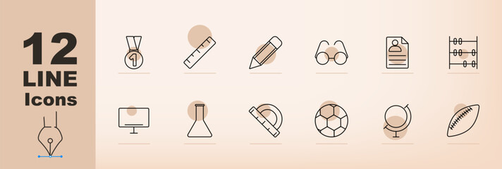 Education set icon. Medal, ruler, pencil, glasses, ID card, abacus, monitor, flask, protractor, soccer ball, globe, football. School and learning concept
