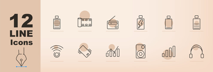 Media and entertainment set icon. Battery, film roll, radio, signal, headphones, speaker, equalizer, Wi-Fi, photo camera. Media and entertainment concept