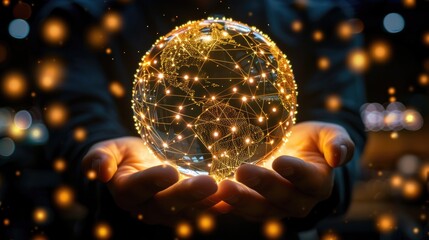 Hands holding a glowing digital globe with network connections on a dark background
