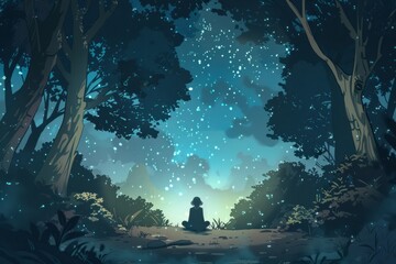 Meditating under a starlit sky surrounded by ancient, towering trees that whisper secrets of the forest, cozy vibe, Generative AI