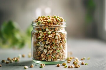 Raw green buckwheat sprouted cereals, green buck wheat grains in jar, uncooked kasha sprouts heap