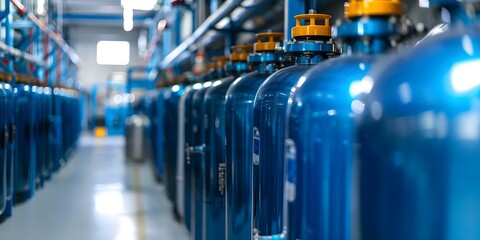 Row of cryogenic helium tanks for storage or transport. Concept Cryogenic Storage, Helium Tanks, Transport Containers, Cryogenic Technology