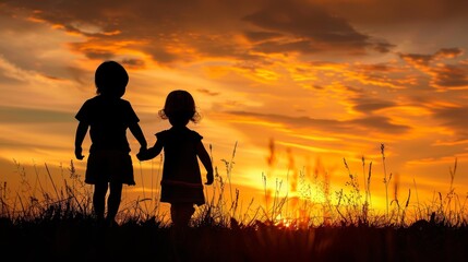 Obraz premium Siblings holding hands at sunset, beautiful silhouette against warm hues sky.