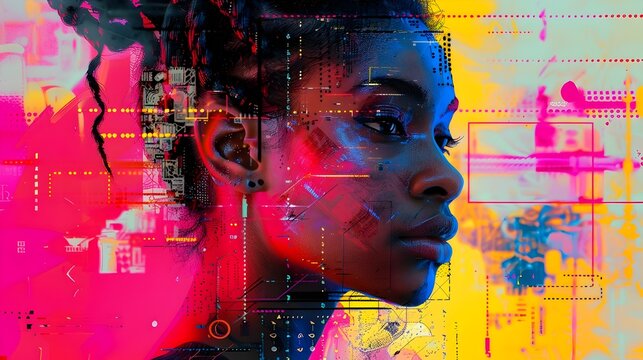 Vibrant Technological Tapestry A Mixed Media Portrait of an Empowered African American Female Computer Programmer