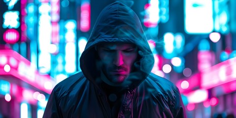 Unveiling Cyber Security Secrets in a Neonlit Night Cityscape. Concept Cyber Security, Neon Cityscape, Technology Secrets, Data Protection, Night Photography