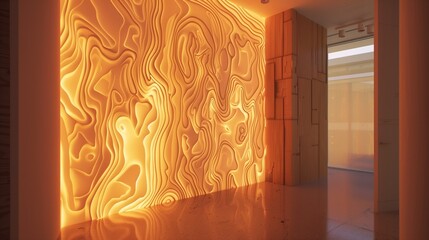 A light room with a wall of backlit, 3D-printed panels in a topographical map design