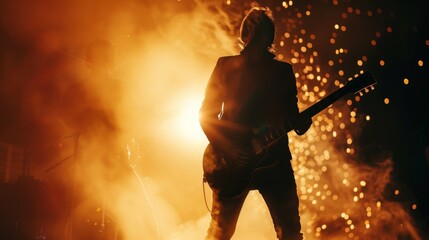 Dynamic silhouette of guitarist rocking out on stage during concert. Solo performance by guitarist in band. Rock band performing live set.