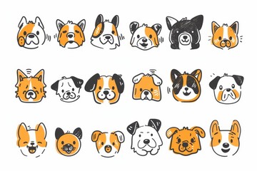 Fototapeta premium Dogs Doodle Set, Pet Animal Symbols, Hand Drawn Puppy Icons Silhouettes, Sketched Dog Character