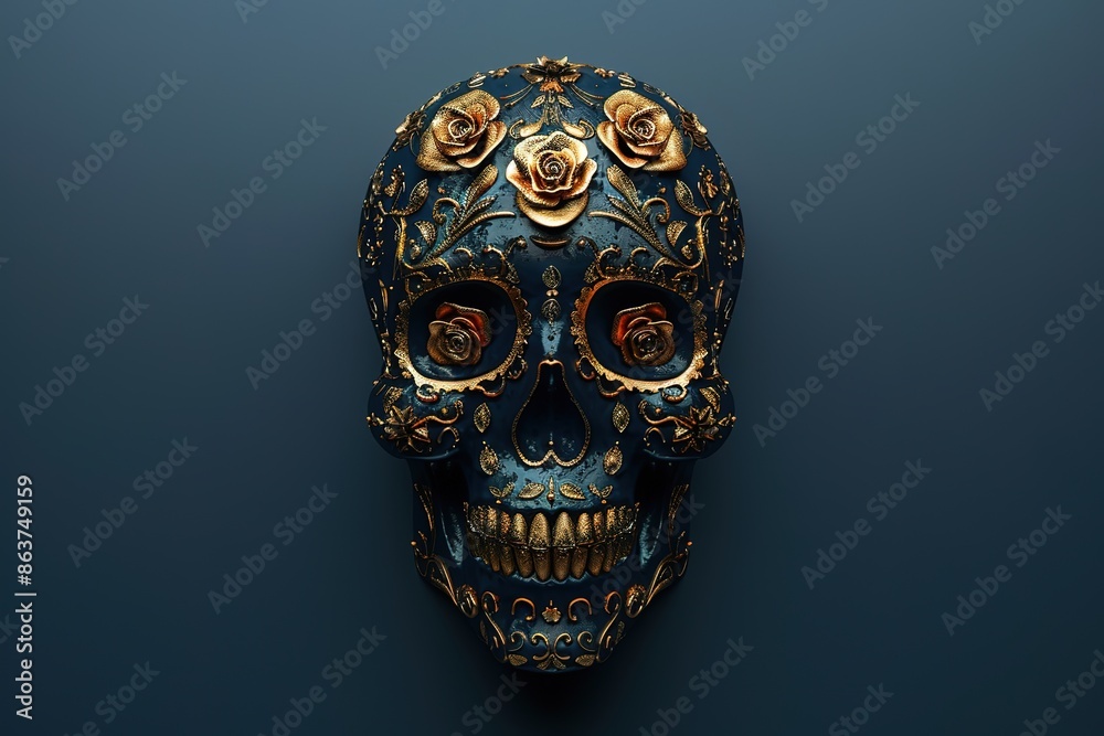 Wall mural gold skull for dia de los muertos - day of the dead with candles and flowers