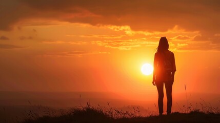Stunning sunset silhouette portrait of woman on hill, casting warm glow over landscape sunset