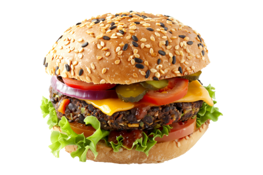Black Bean Burger with black beans, vegetables and spices isolated on transparent white background.