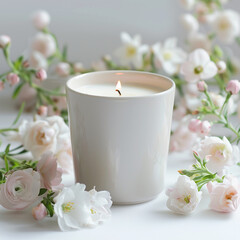 Scented candle in oversized cylindrical cup, pure white background, simple decoration, fresh flowers, marine, product photography