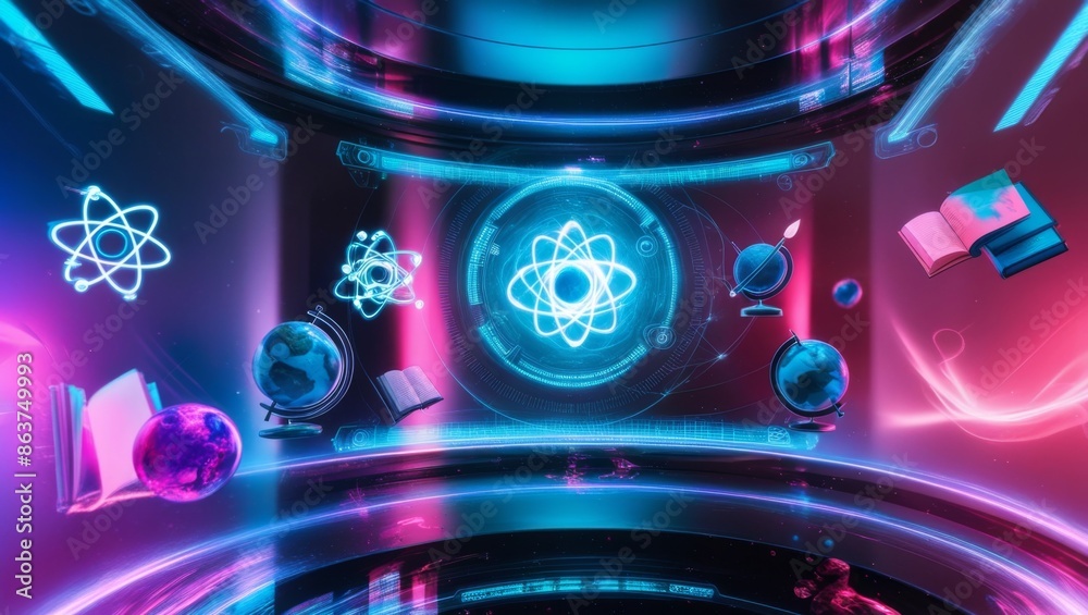 Poster futuristic abstract background, futuristic holographic interface and educational icons floating in t