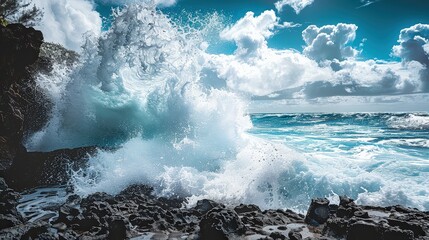Fototapeta premium Massive Ocean Wave Crashing on Rocky Shore