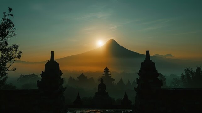 Stunning sunrise silhouette of Merapi Merbabu mountains with Borobudur temple