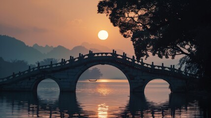 Chinese stone bridge silhouette against sunset in Hangzhou with refined composition and vibrant colors for stunning visual impact.