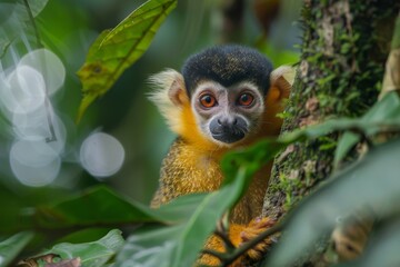 Naklejka premium A Curious Golden-Handed Tamarin Peeking Through Tropical Foliage