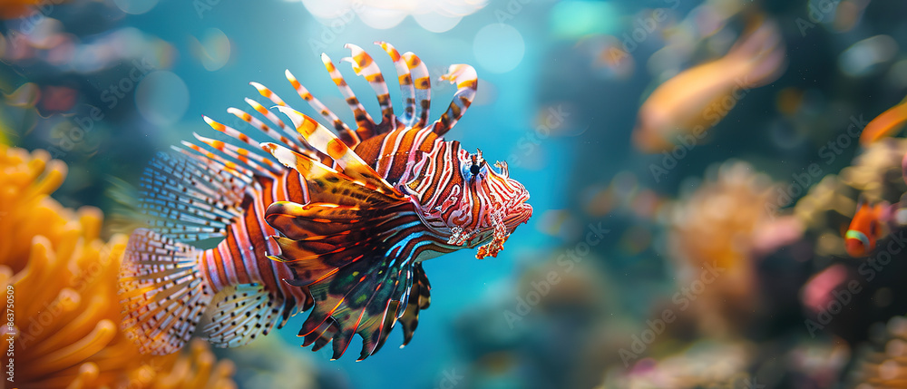 Wall mural underawater macro detail of a lion fish, with empty copy space, 